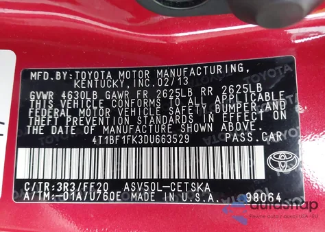 2013 Toyota Camry Se из США, поврежденный, VIN 4T1BF1FK3DU663529